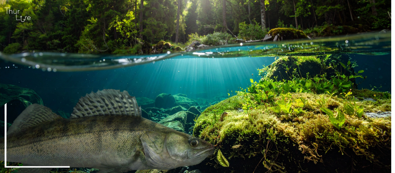 Ein Zander ist im klaren Wasser zu sehen, im Hintergrund sieht man aus dem Wasser ein Wald