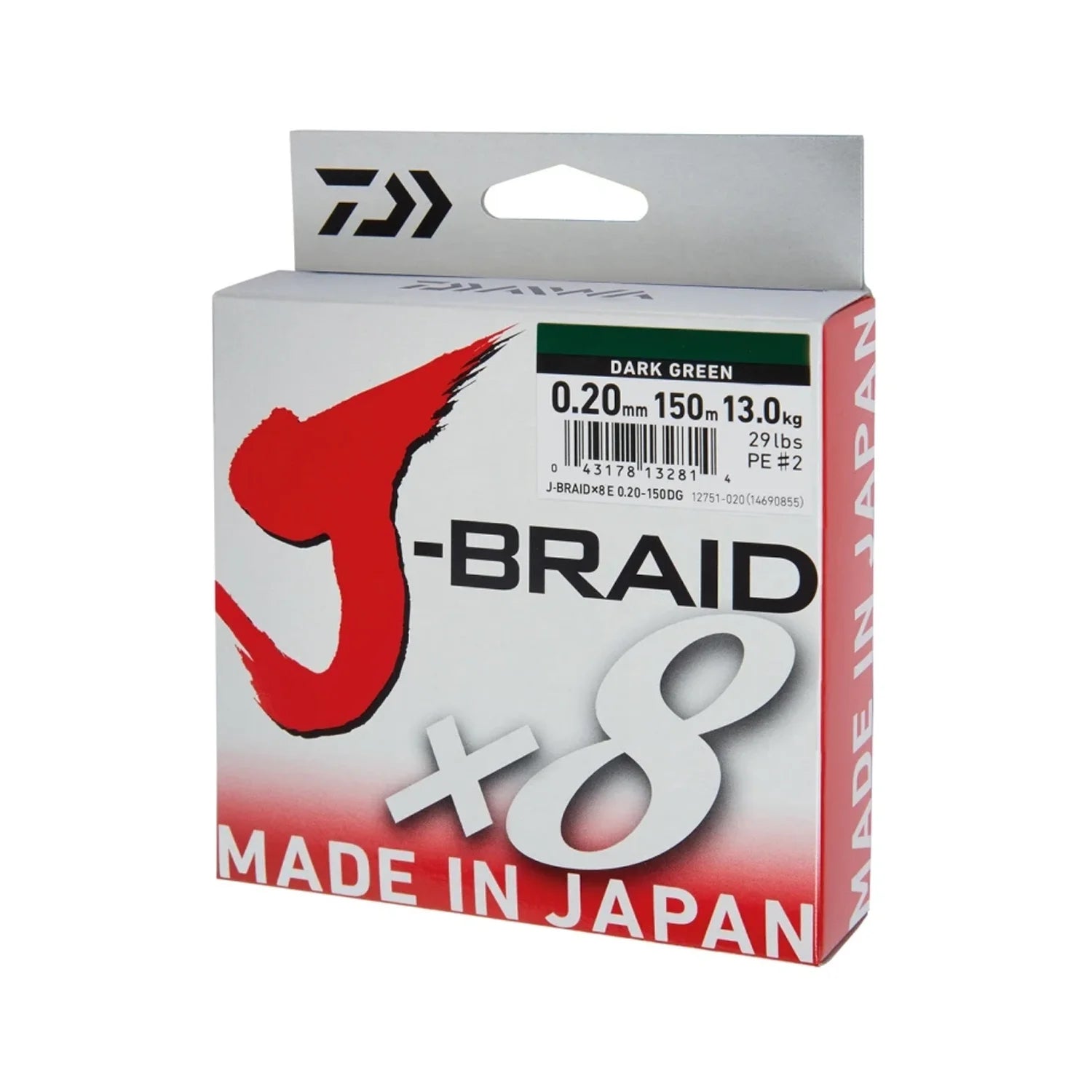 Verpackung einer geflochtenen Schnur für die Fischerei von der Marke Daiwa mit dem Namen J-Braid X8 in der Farbe Dark Green