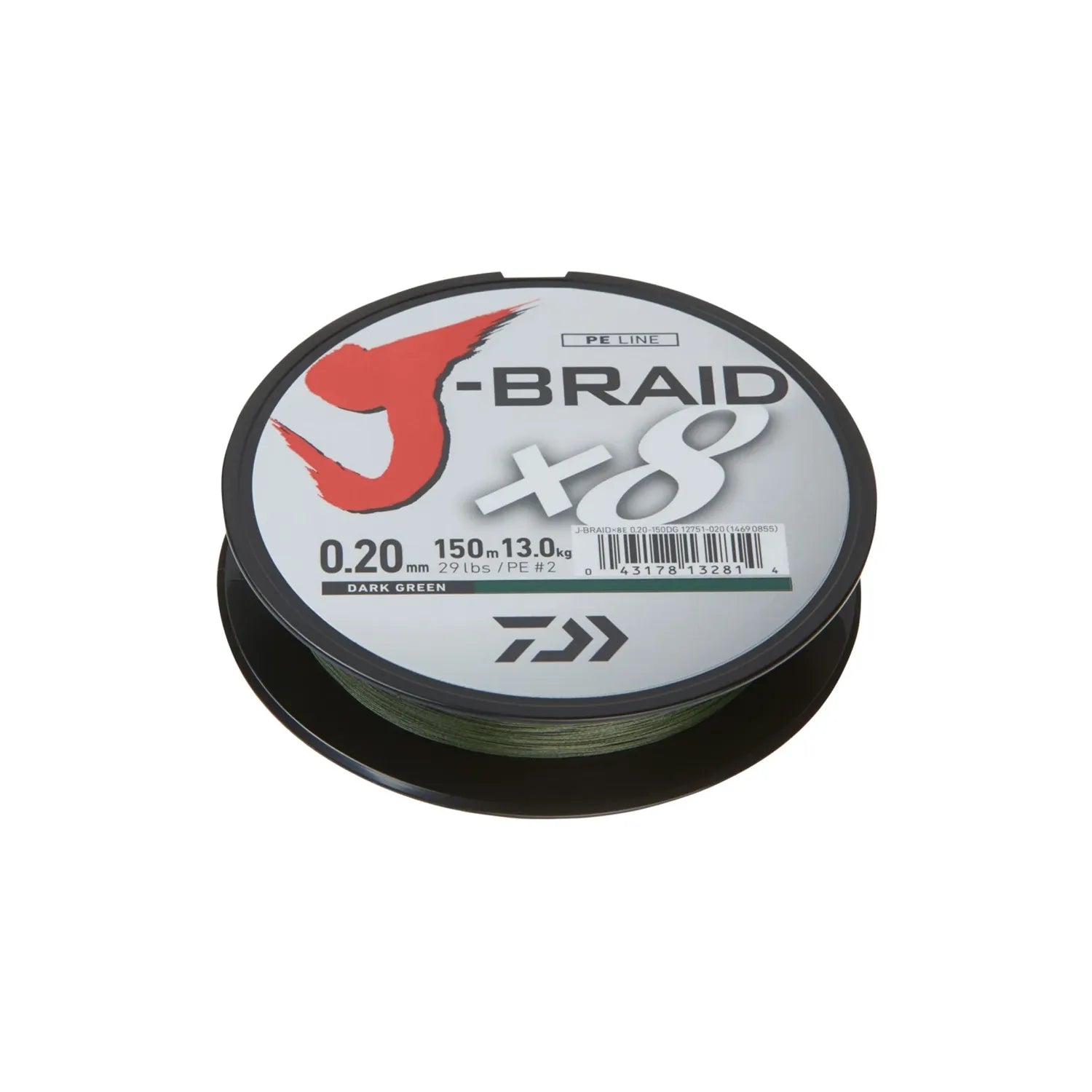 Verpackung einer geflochtenen Schnur für die Fischerei von der Marke Daiwa mit dem Namen J-Braid X8 in der Farbe Dark Green